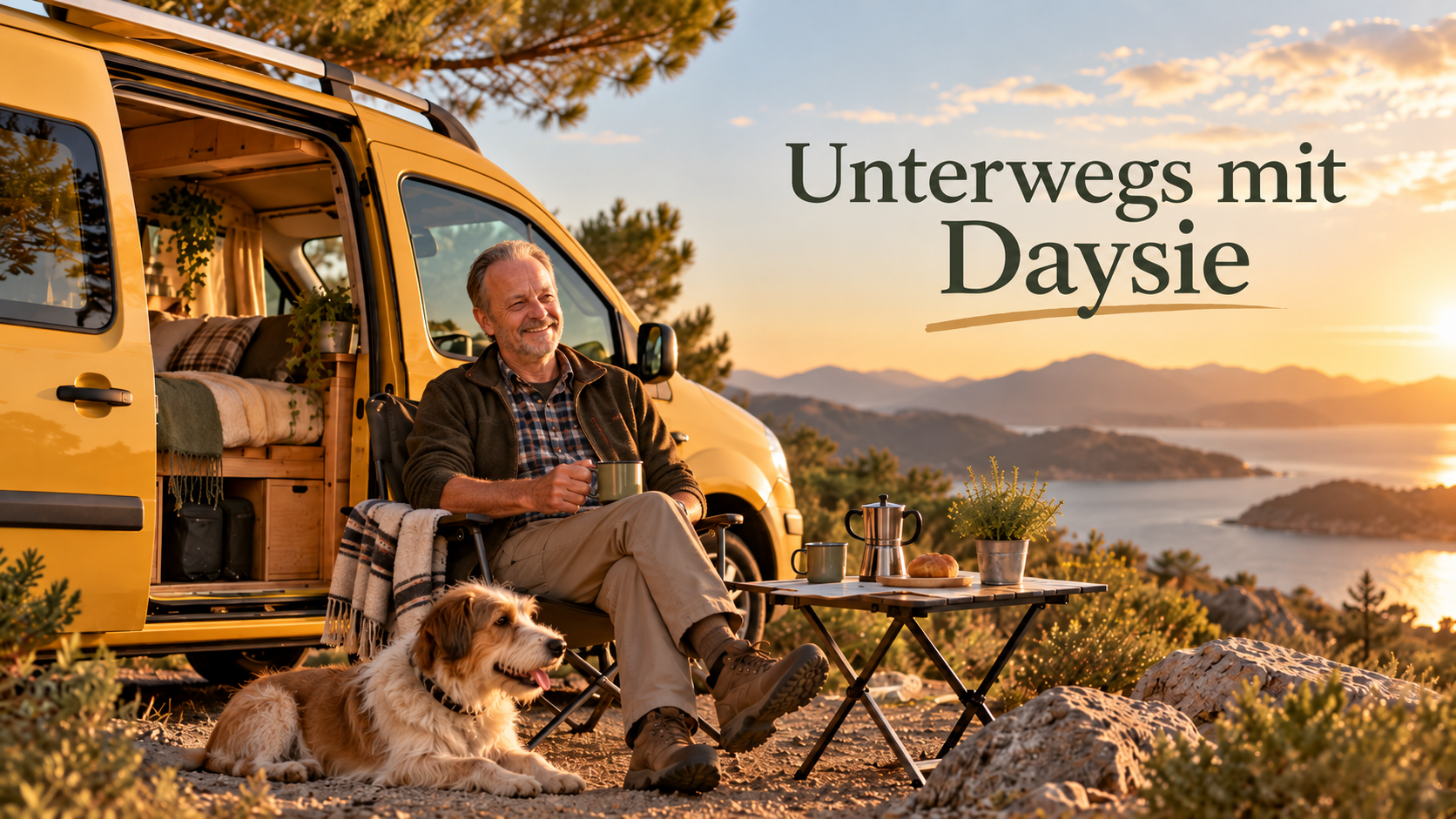 Camping-Opa sitzt mit seinem gelben Camper Daysie an einem Campingplatz in der Natur.
