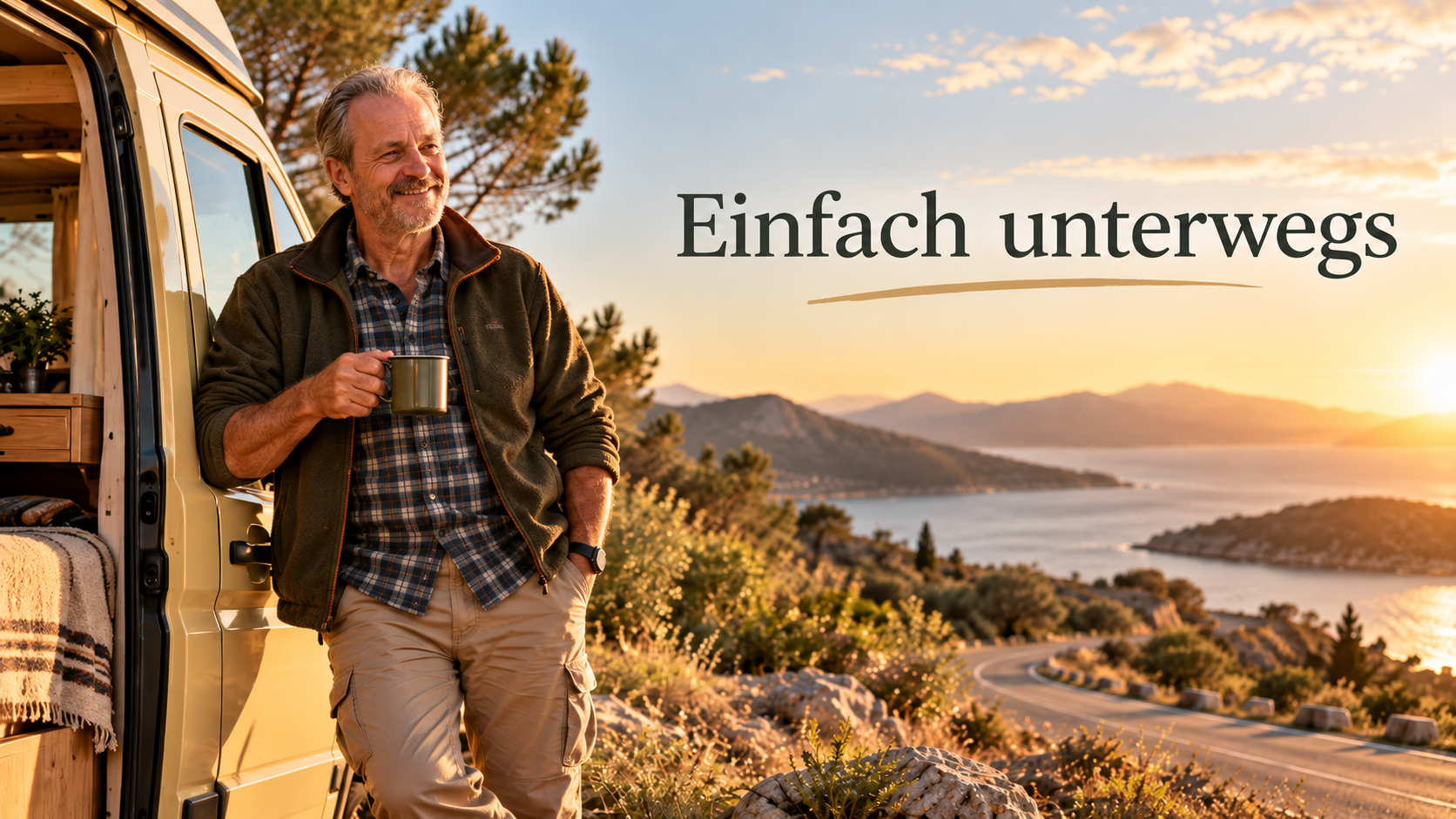 Camping-Opa steht mit einer Tasse an seinem Camper auf einer Reise durch eine offene Landschaft.
