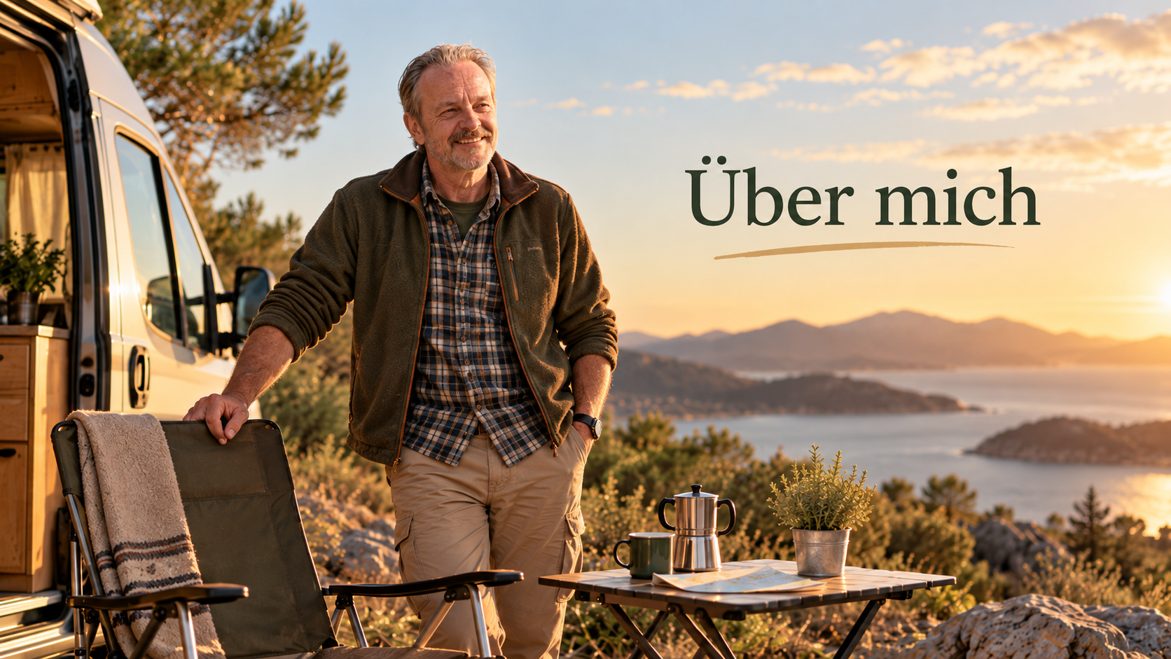 Camping-Opa an seinem Campingplatz mit Campingstuhl und Blick auf die Landschaft.