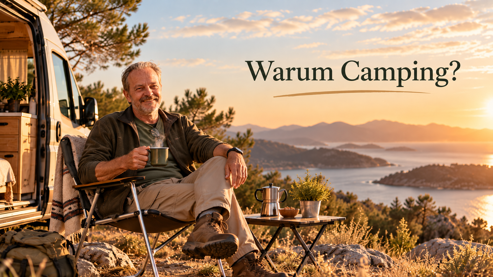 Camping-Opa sitzt entspannt mit einer Tasse vor seinem Camper und blickt über eine Landschaft am Wasser.