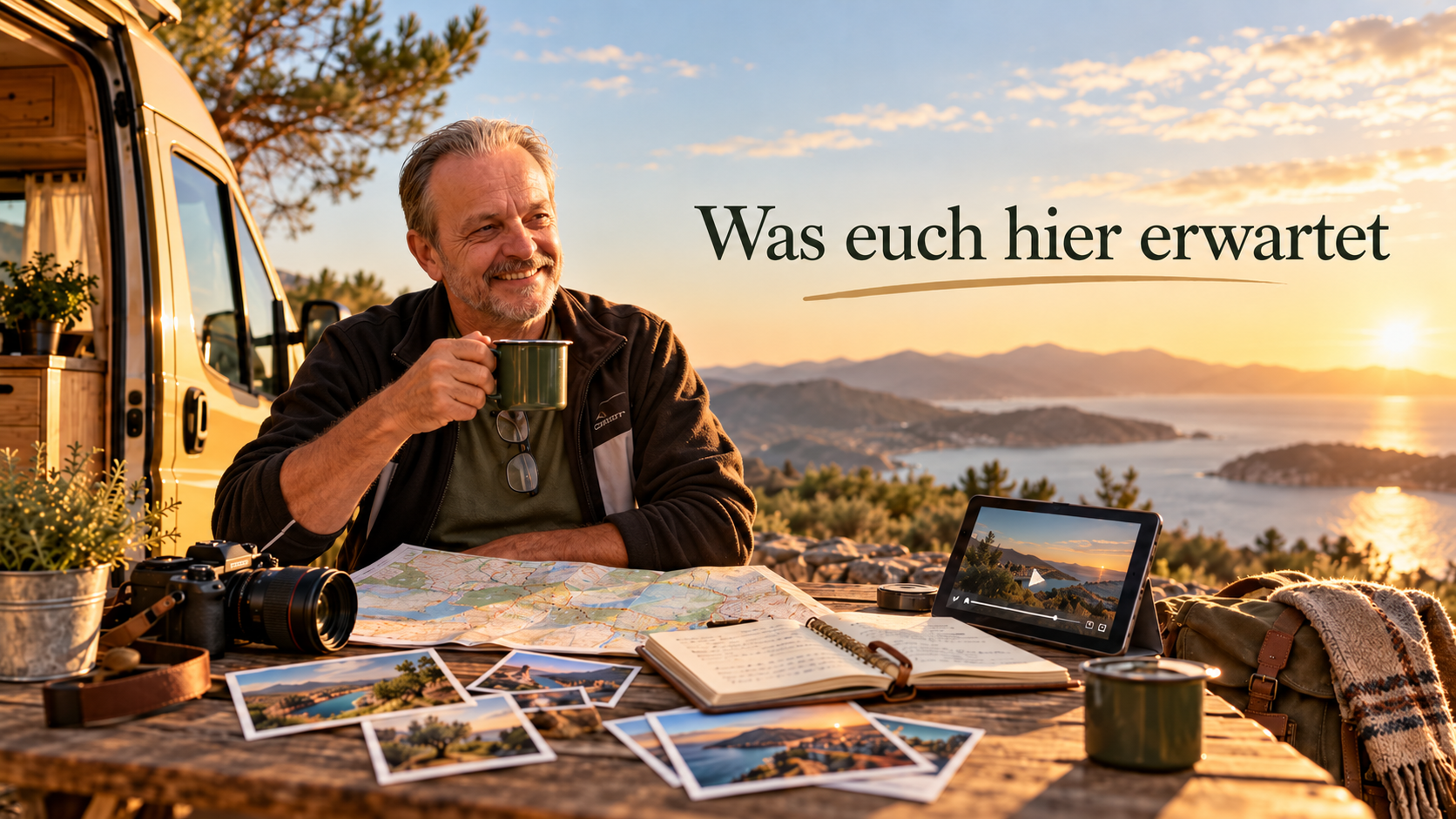 Camping-Opa an einem Tisch mit Karte, Kamera, Fotos und Reiseunterlagen vor einer Landschaft.